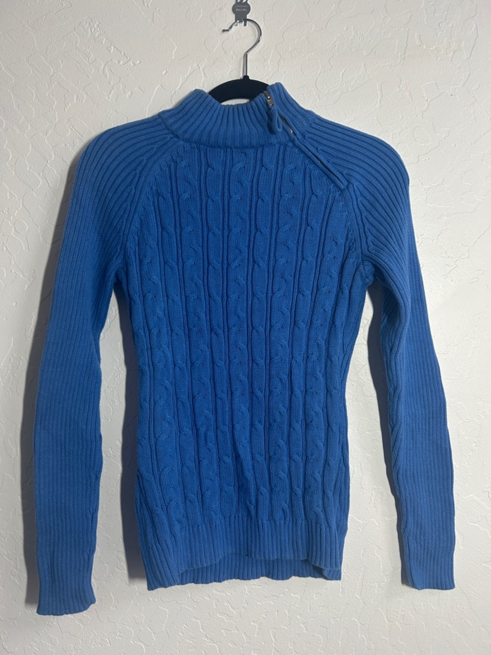 Blue Cable Knit Half-Zip Turtleneck Sweater
